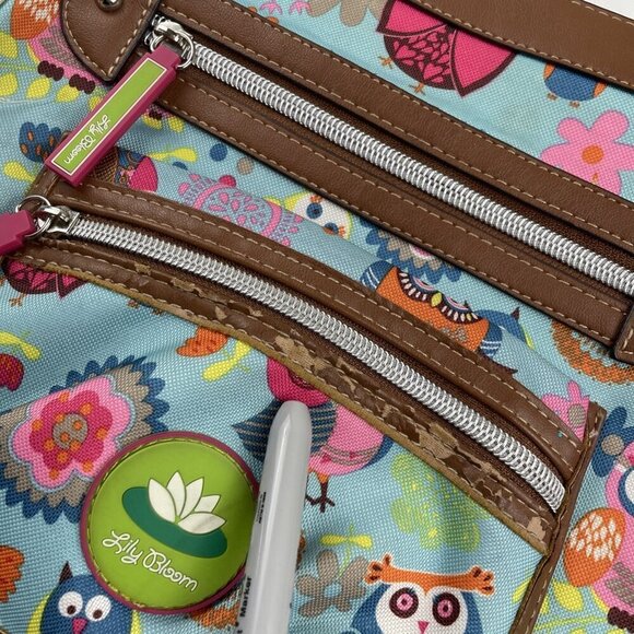 Lily Bloom Crossbody Purse Owls Medium Size Blue Brown Polyester Canvas - Picture 13 of 13